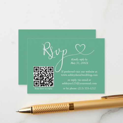 Calligraphy Heart Wedding QR RSVP Neo Mint Green Enclosure Card