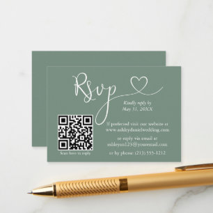 Calligraphy Heart Wedding QR RSVP Sage Green Enclosure Card