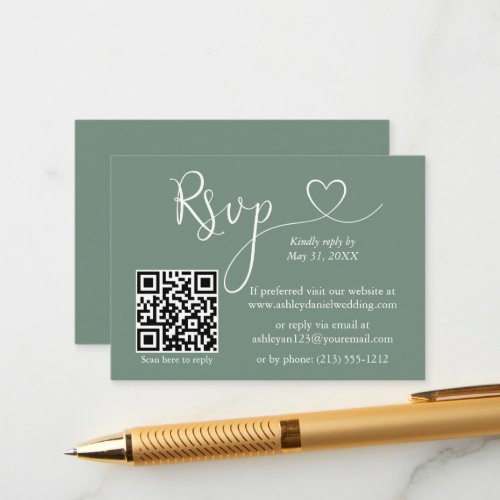 Calligraphy Heart Wedding QR RSVP Sage Green Enclosure Card