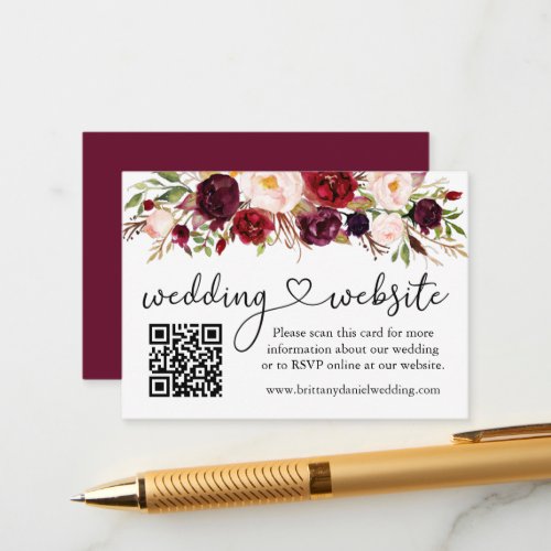 Calligraphy Heart Wedding Web QR Burgundy Floral Enclosure Card
