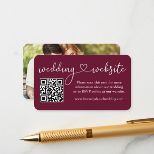 Calligraphy Heart Wedding Web QR Photo Burgundy Enclosure Card