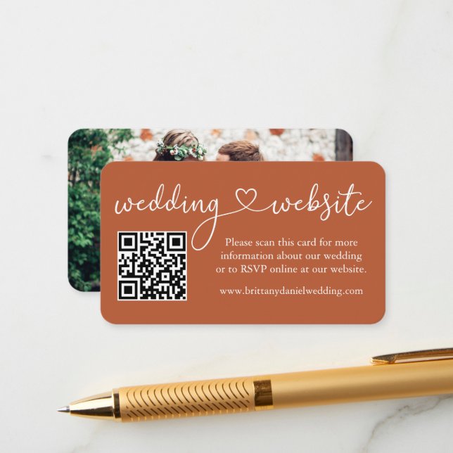 Calligraphy Heart Wedding Web QR Photo Terracotta Enclosure Card (Front/Back In Situ)