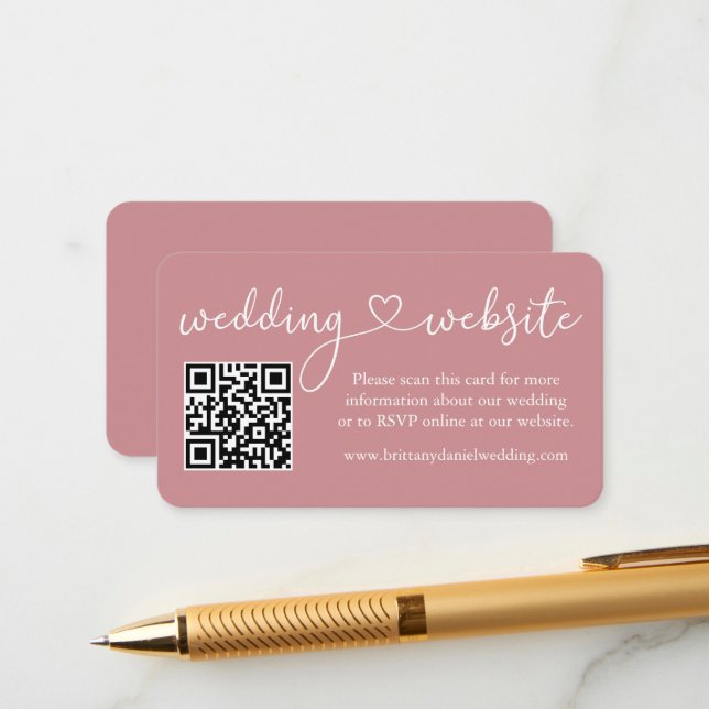 Calligraphy Heart Wedding Website QR Dusty Rose Enclosure Card (Front/Back In Situ)