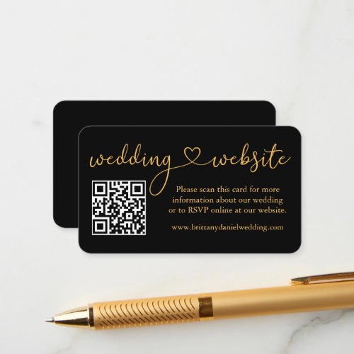 Calligraphy Heart Wedding Website QR Gold Black Enclosure Card
