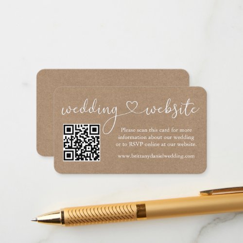 Calligraphy Heart Wedding Website QR Kraft Enclosure Card