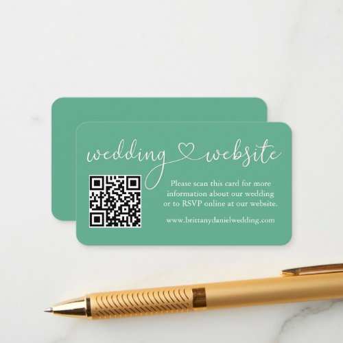 Calligraphy Heart Wedding Website QR Mint Green Enclosure Card