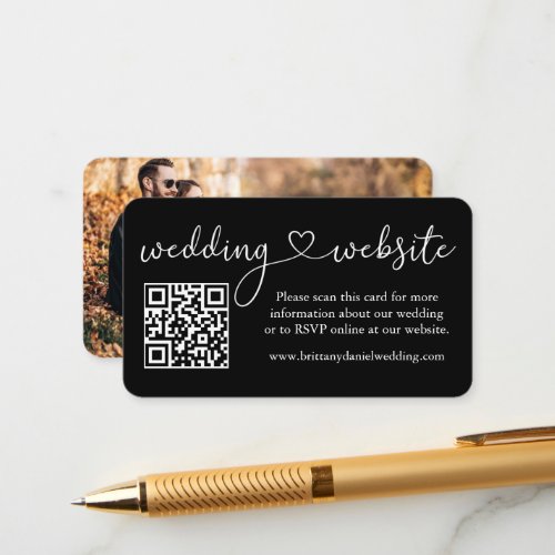 Calligraphy Heart Wedding Website QR Photo Black Enclosure Card