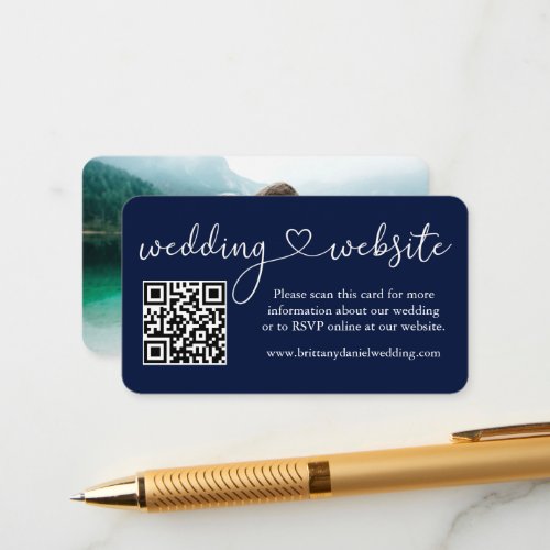 Calligraphy Heart Wedding Website QR Photo Blue Enclosure Card