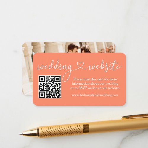 Calligraphy Heart Wedding Website QR Photo Coral Enclosure Card