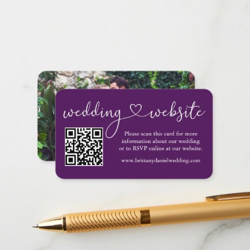 Calligraphy Heart Wedding Website QR Photo Purple Enclosure Card