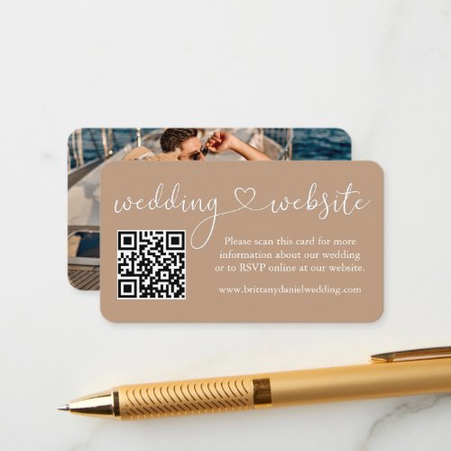 Calligraphy Heart Wedding Website QR Photo Taupe Enclosure Card