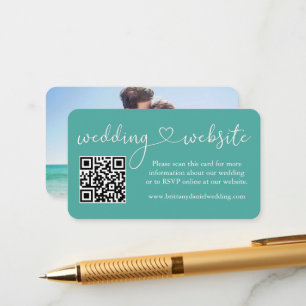 Calligraphy Heart Wedding Website QR Photo Teal Enclosure Card