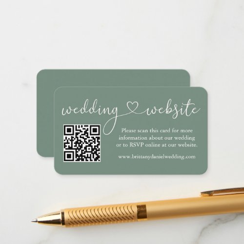 Calligraphy Heart Wedding Website QR Sage Green Enclosure Card