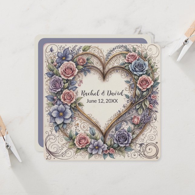 Calligraphy Heart With Wedding Roses Invitation (Front/Back In Situ)
