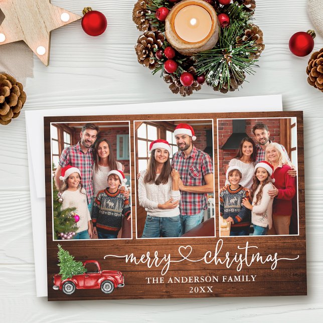 Calligraphy Heart Wood 3 Photo Christmas Red Truck Holiday Card (Customize to add text to back of card.)