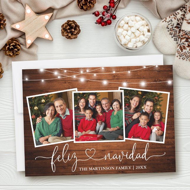 Calligraphy Heart Wood Lights Feliz Navidad Holiday Card (Customize to add text to back of card.)