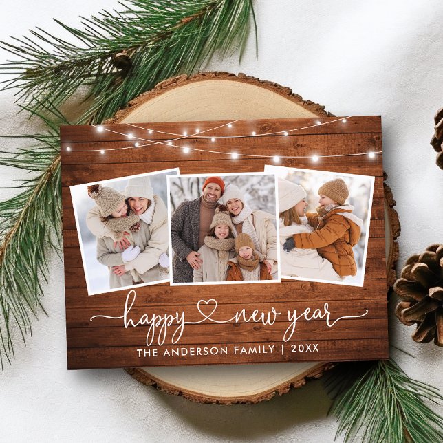 Calligraphy Heart Wood Lights New Year 3 Photo Postcard (Customize to change your personalized text size or text style.)