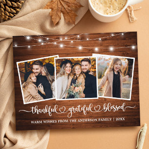 Calligraphy Heart Wood Lights Thankful 3 Photo Postcard