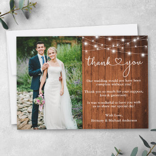 Calligraphy Heart Wood Lights Wedding Photo Thank You Card