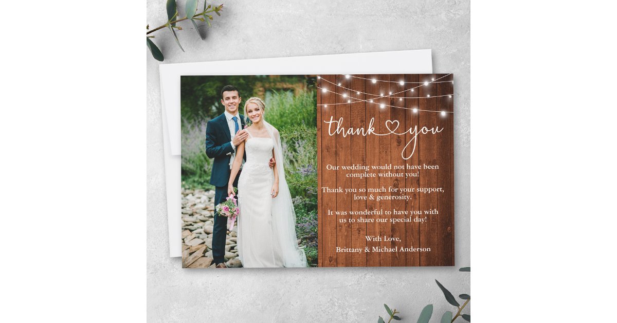 Calligraphy Heart Wood Lights Wedding Photo Thank You Card | Zazzle