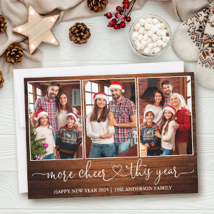 Calligraphy Heart Wood More Cheer 3 Photo Holiday Card