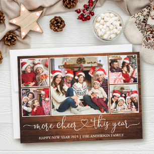 Calligraphy Heart Wood More Cheer 5 Photo Holiday Card