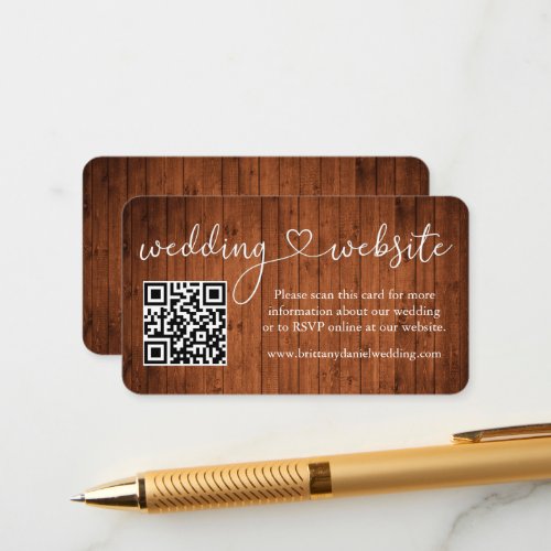 Calligraphy Heart Wood Wedding Website QR Enclosure Card