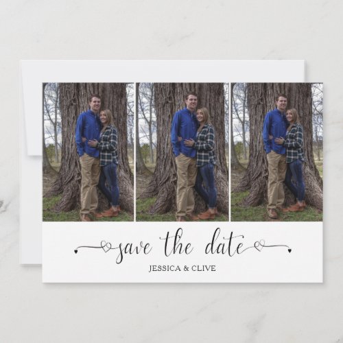 Calligraphy Hearts Script 3 Photos Save the Date Thank You Card