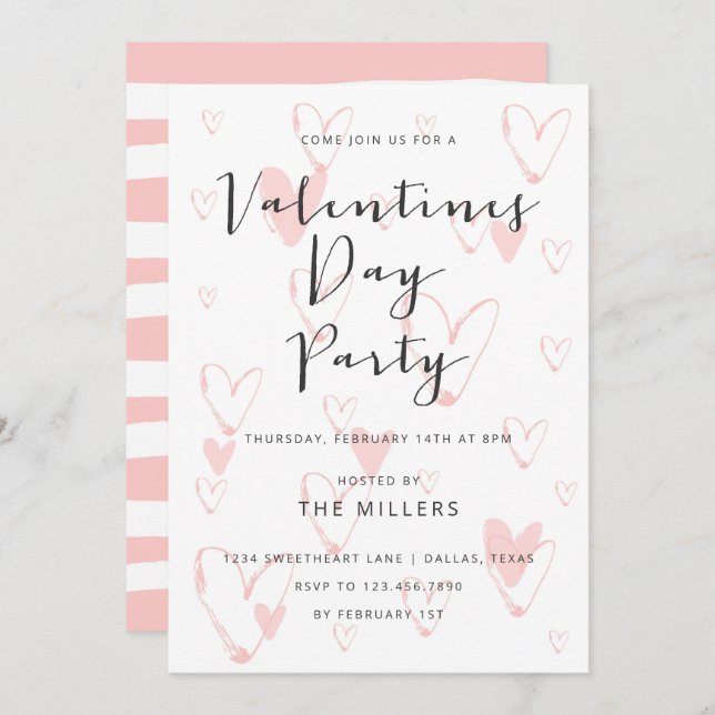 Calligraphy Hearts Valentine Party Invitation (Front/Back)