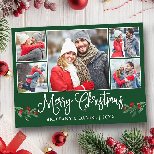 Calligraphy Holly 5 Photo Couple Christmas Green Postcard