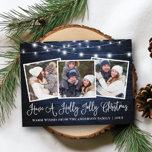 Calligraphy Holly Jolly Christmas Blue Wood Lights Postcard