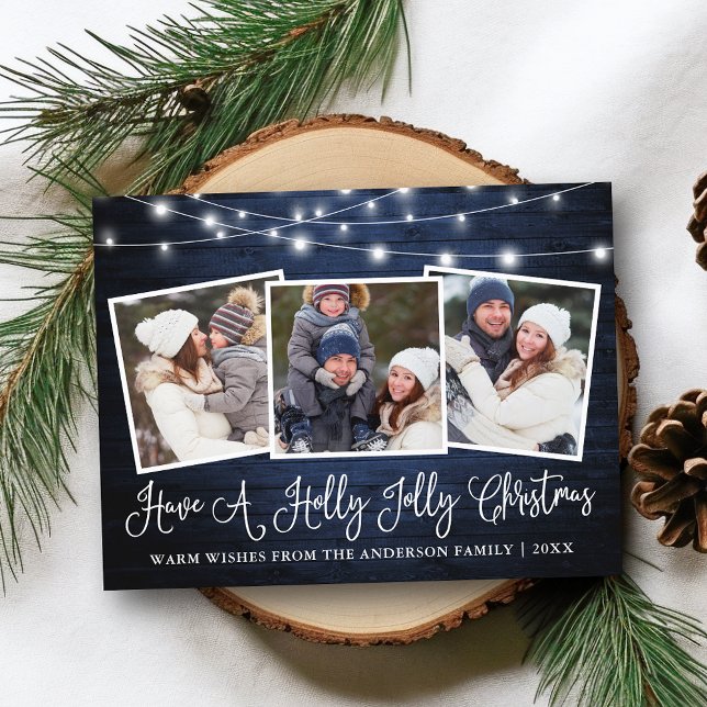 Calligraphy Holly Jolly Christmas Blue Wood Lights Postcard (Customize to change your personalized text size or text style.)