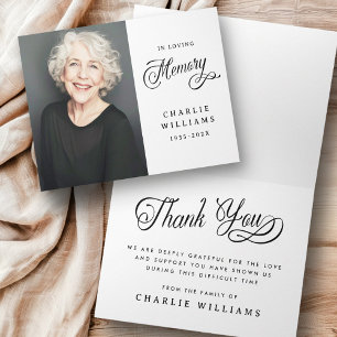 Calligraphy in loving memory funeral black photo letterpress thank you card