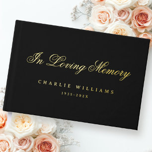 Calligraphy in loving memory funeral black real foil guest book
