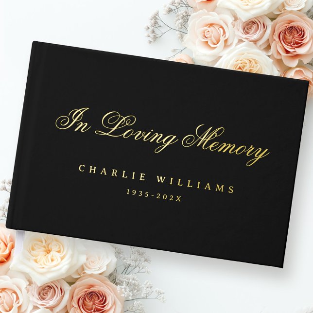 Calligraphy in loving memory funeral black real foil guest book  (Calligraphy in loving memory funeral black real foil guest book)