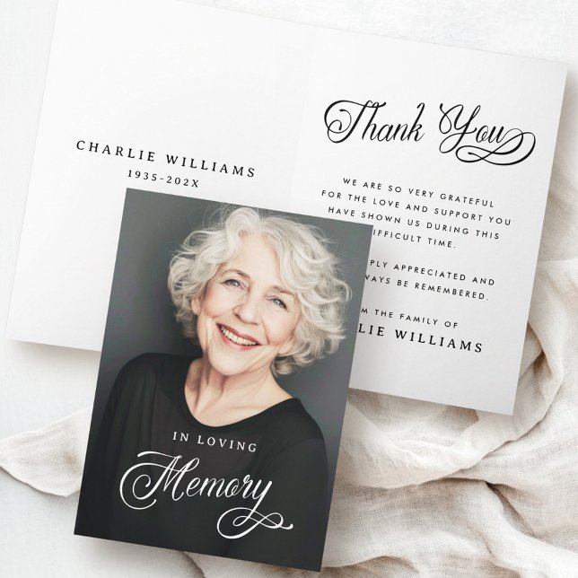 Calligraphy in loving memory funeral photo thank you card (Calligraphy in loving memory funeral photo thank you card)