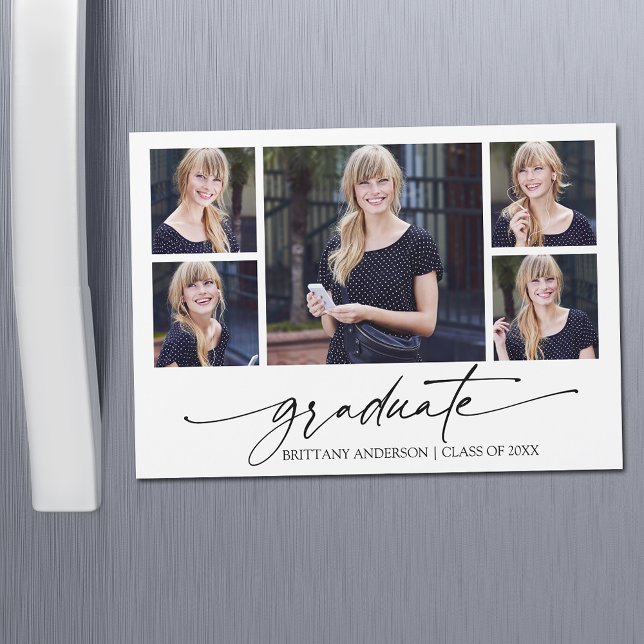 Calligraphy Ink 5 Photo Graduation Magnet Card (Customize to change your personalized text size or text style.)