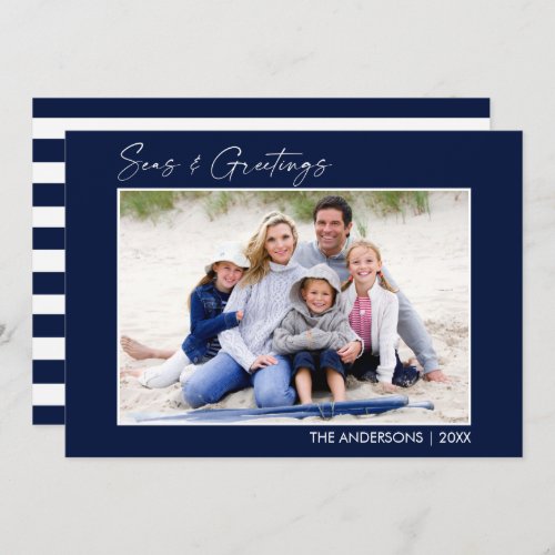 Calligraphy Ink Blue Seas and Greetings Photo Holiday Card