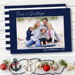 Calligraphy Ink Blue Seas and Greetings Photo Holiday Card<br><div class="desc">Modern Minimalist Elegance Calligraphy Ink Pen Handwritten Script Seas & Greetings Photo Holiday Card -  Navy Blue & White Stripes</div>