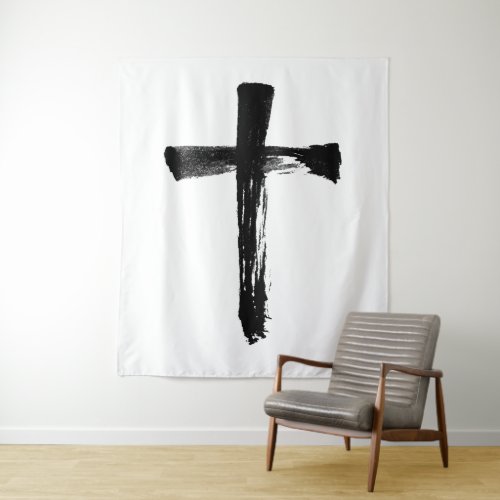 Calligraphy Ink Brush Cross _ Modern Crucifix Tapestry