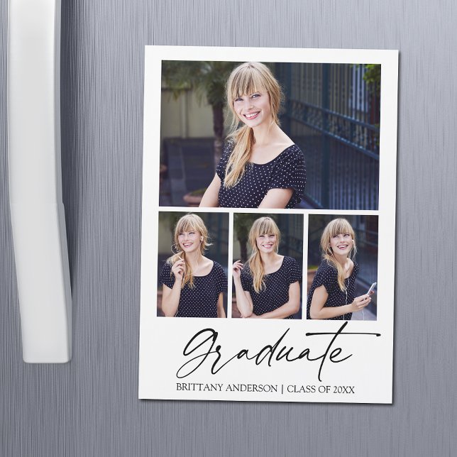 Calligraphy Ink Graduation 4 Photos Magnet Card (Customize to change your personalized text size or text style.)