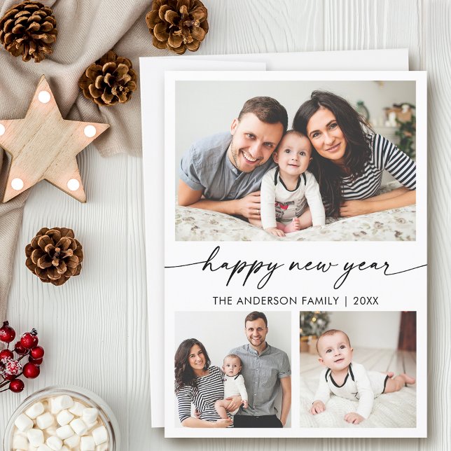 Calligraphy Ink Happy New Year 3 Photo Holiday Card (Customize to change your personalized text size or text style.)