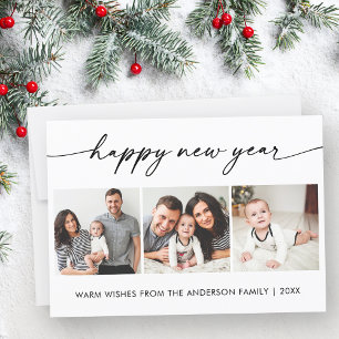 Calligraphy Ink Happy New Year 3 Photos Holiday Card