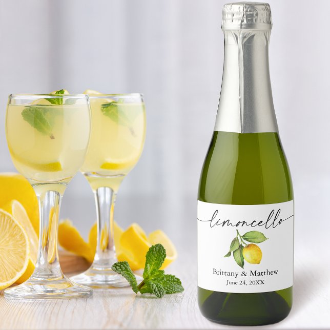 Calligraphy Ink Limoncello Watercolor Lemon Mini Sparkling Wine Label (Customize to change your personalized text size or text style.)