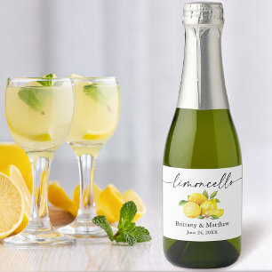 Calligraphy Ink Limoncello Watercolor Lemons Mini Sparkling Wine Label