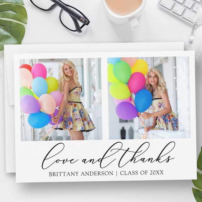 Calligraphy Ink Love and Thanks 2 Photo Graduation Thank You Card (Customize to add text or more photos to back of card.)