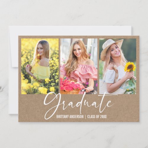 Calligraphy Ink Pen 3 Photo Kraft Graduation Announcement