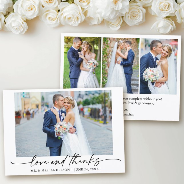 Calligraphy Ink Pen Love 4 Photos Wedding Thank You Card (Customize to change your personalized text size or text style.)