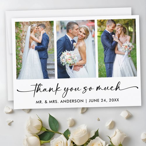 Calligraphy Ink Pen Script 3 Photo Wedding Thank You Card