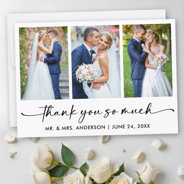 Calligraphy Ink Pen Script 3 Photo Wedding Thank You Card (Customize to add text to back of card.)